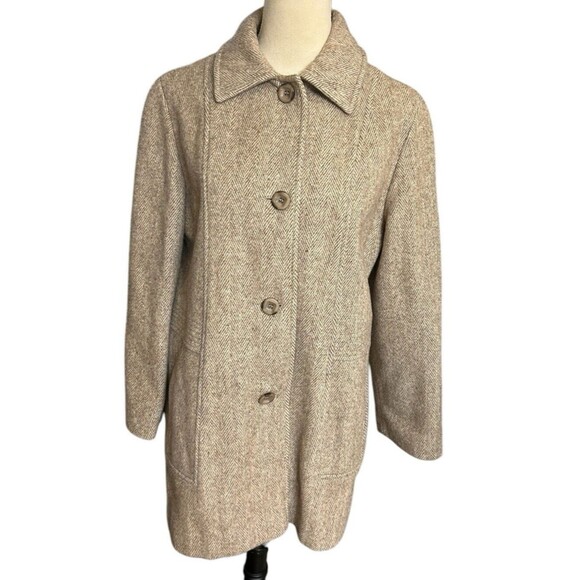 Vintage Herman Kay Wool Blend Pea Coat Herringbone Beige Lined Pocket - Picture 1 of 9